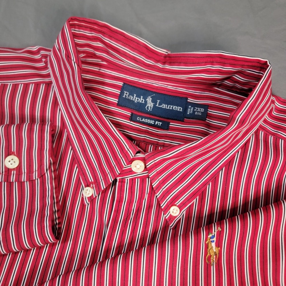 Polo Ralph Lauren Shirt Mens 2XB Red Striped Big & Tall Flesh Pony LS Vintage